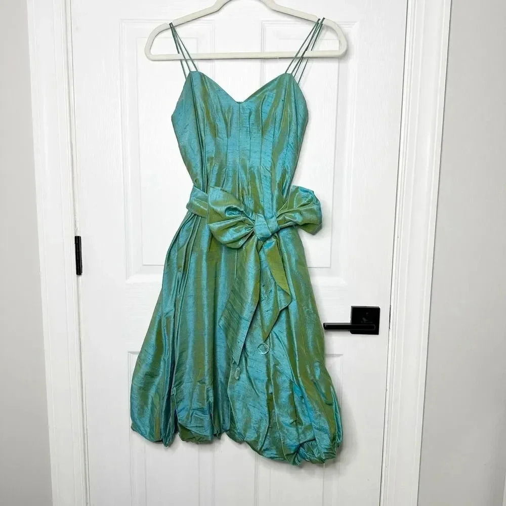 SARA CAMPBELL Size 2 Taffeta Silk Turquoise Bubble Hem Crystal Party Dress